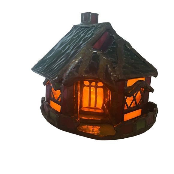 Stained Glass Christmas Cottage Village Illuminated w/ Led Candle One Of A Kind - Picture 7 of 7
